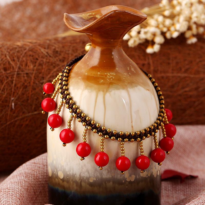 Handmade Braided Anklets Bracelet Sandals Brides Shoes Barefoot Beach Vintage Tassel Red Beads Anklets For Women Yoga Jewelry