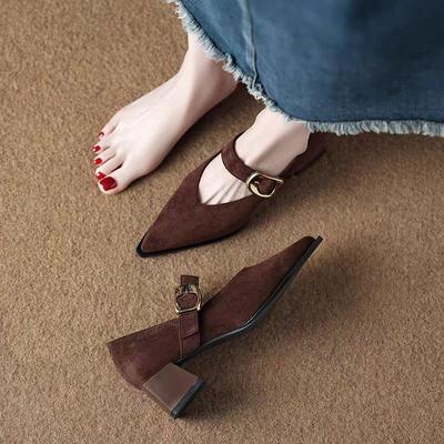 2026 New Autumn Deer Hide Velvet Mary Jane Shoes French Retro Pointed-toe Shallow Toe High-heeled Single Shoes with Belt Buckle