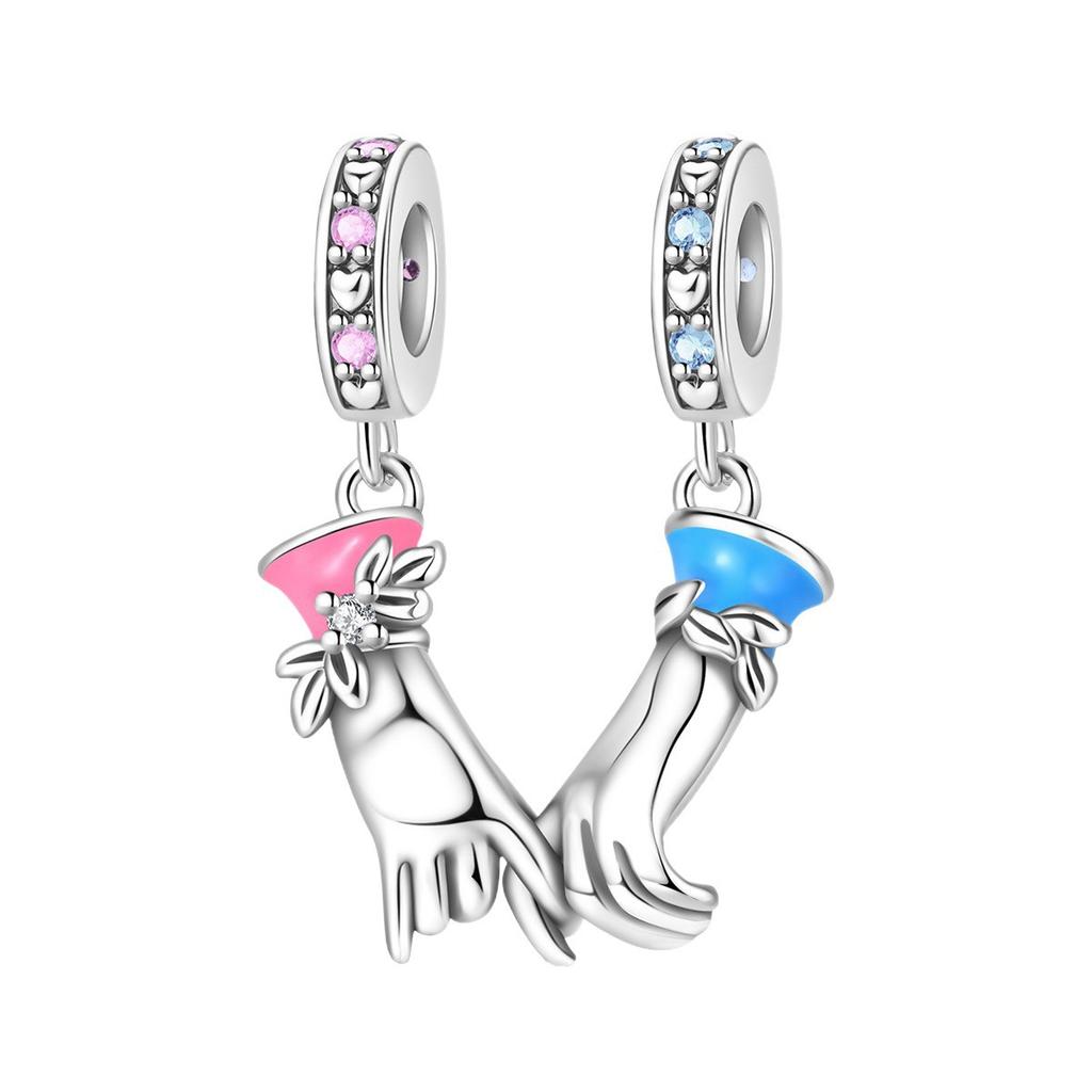 S925 Silver DIY Couple Bracelet Necklace Set with Heart Holding Hands Cat Dog Charm Pendant Bead Jewelry