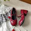 Red round head jk thick high heel small leather shoes women's summer Mary Jane single shoes