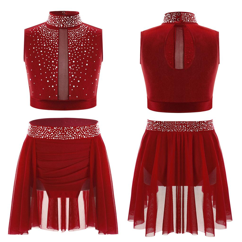 Children’s Sparkle Rhinestone Sleeveless Mock Neck Top Keyhole Back and Ruched Irregular Skirt for Dance Show Practice