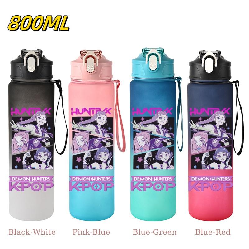 800ML KPop Demon Hunters Gradient Cartoon Print Large Capacity Straw Water Cup Outdoor Portable Sports Drink Bottles Travel Mug