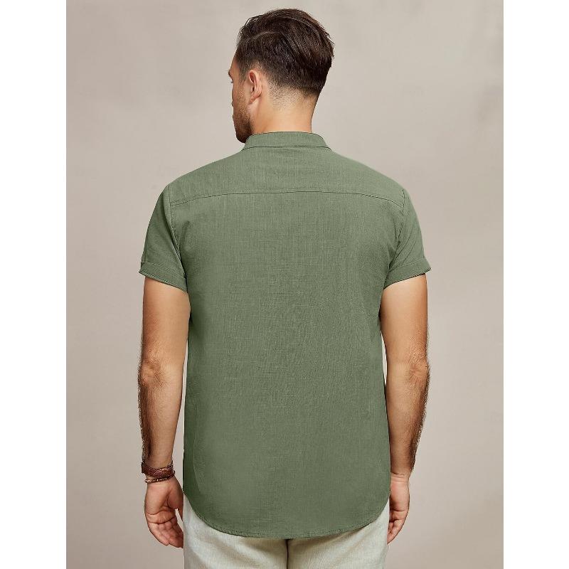 Men Stand Collar Short Sleeve Linen Shirt Full Button Down Chest Pocket Solid Casual Blouse
