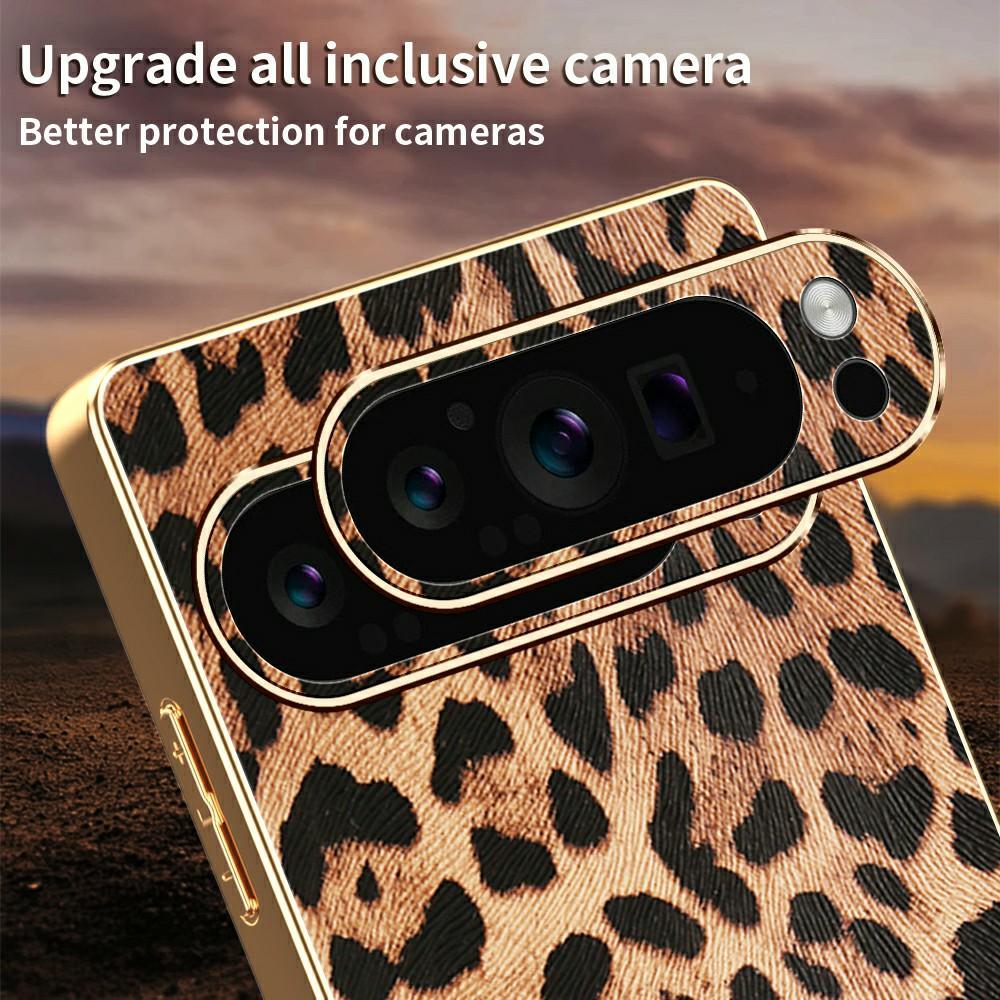 For Google Pixel 9 Pro Case Leopard Print PU Leather Coated PC+TPU Electroplating Phone Cover