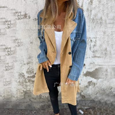 Autumn and Winter New European and American Fashion Women's Clothing Suit Collar Denim Splicing Medium and Long Outer