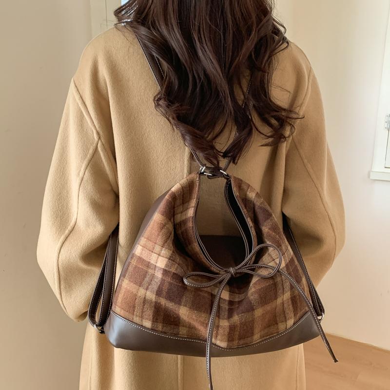 Women Retro Woolen Cloth Plaid Underarm Bag Maillard Color Shoulder Bag Tote Bag Large Capacity Backpack for Daily Travel Work