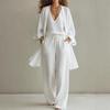 Women's Linen Blend 3-Piece Set: Open Front Cardigan, V-Neck Tank Top, and Drawstring Waist Wide Leg Pants