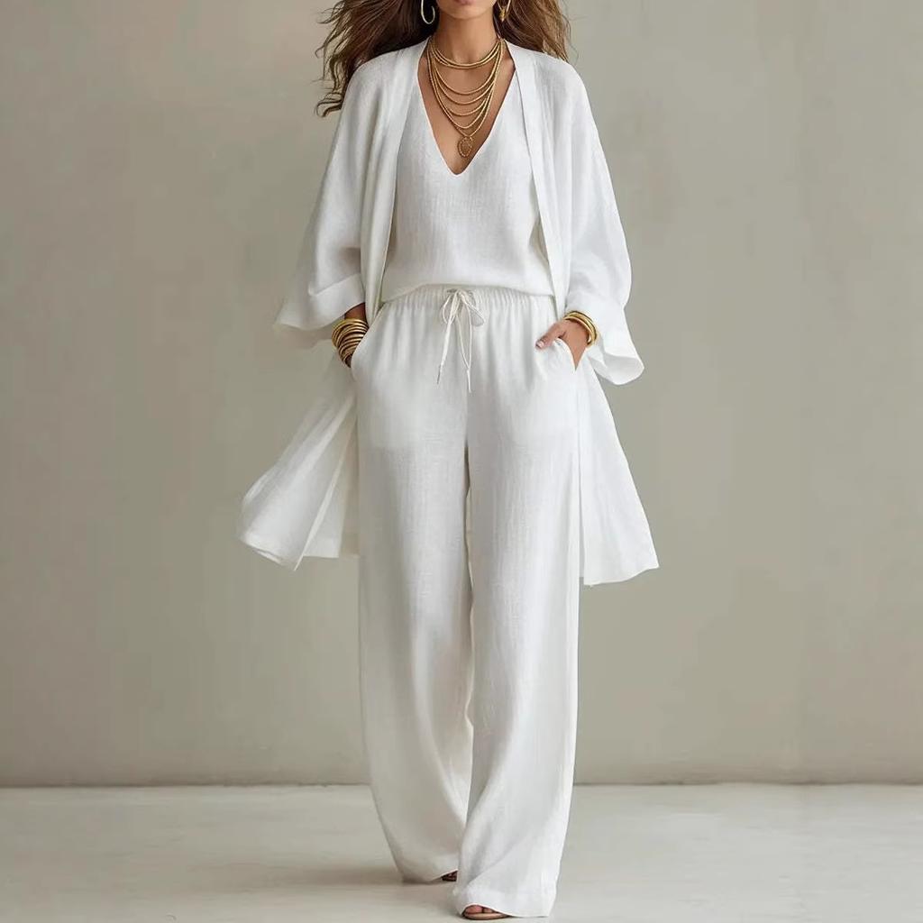 Women's Linen Blend 3-Piece Set: Open Front Cardigan, V-Neck Tank Top, and Drawstring Waist Wide Leg Pants