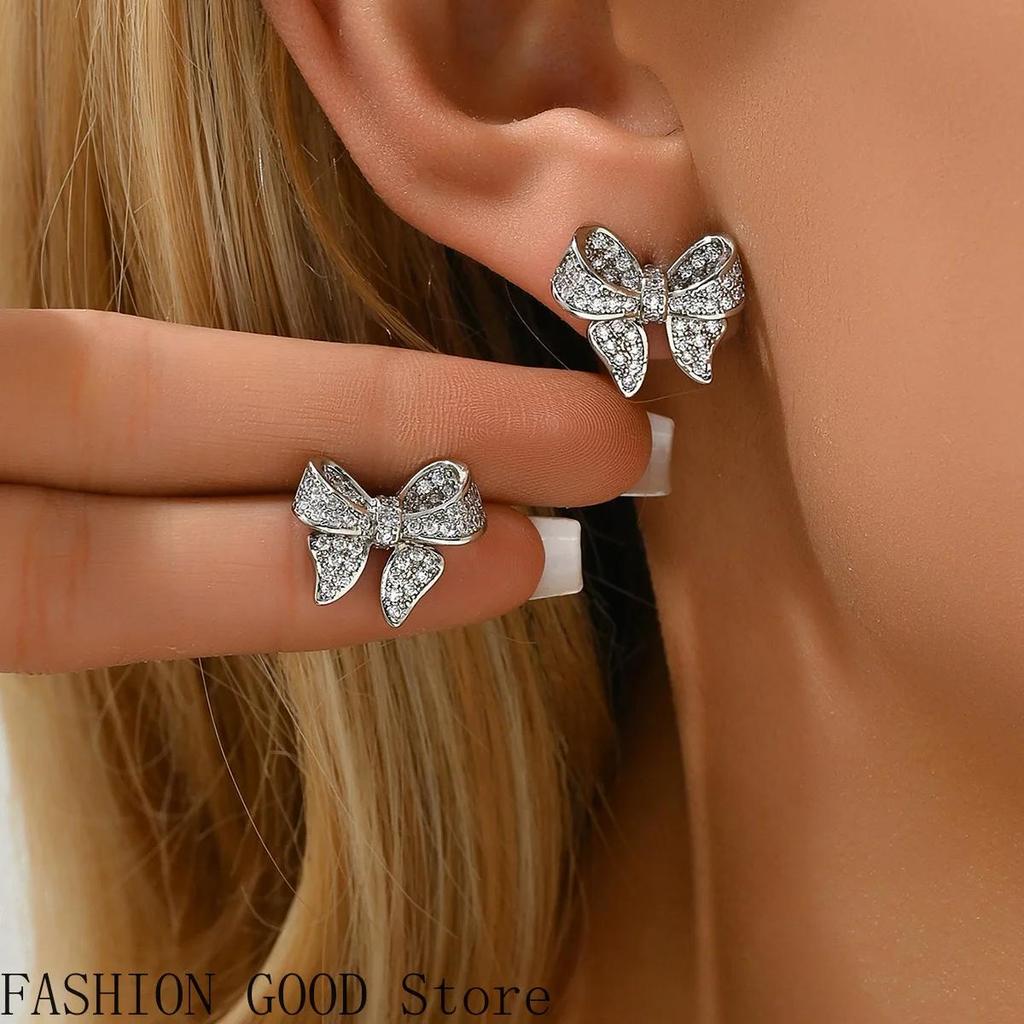 Micro-inlaid zircon earrings bow small and versatile earrings for women Europe and America