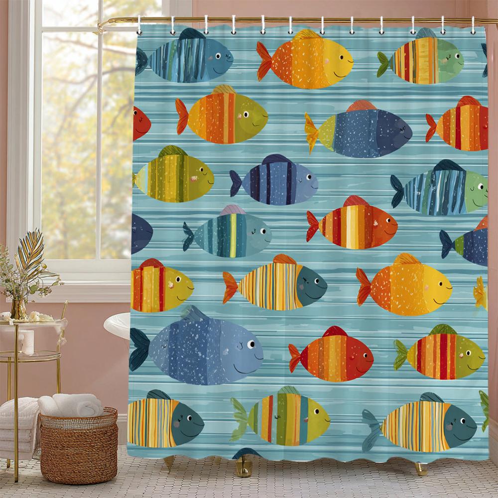 Cartoon cute fish children Shower Curtain, Bathroom Decorative Shower Curtain, Waterproof Shower Curtain with Hooks