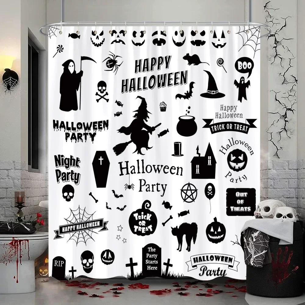 Läskig Halloween-duschdraperi, Vattentätt tyg med Spökhus, Döskallar, Skelett & Spöken för Festlig Badrumsinredning