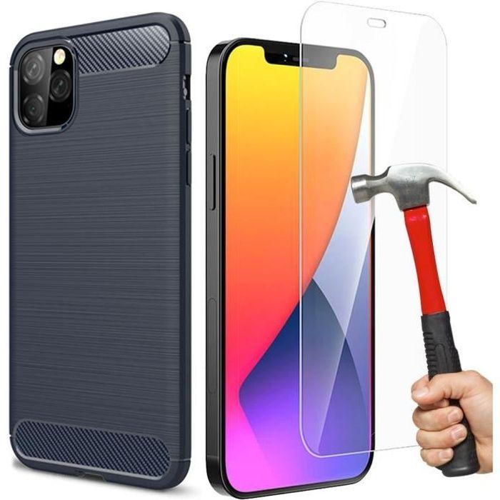 Coque + Verre Trempé - E.F.CONNECTION - pour iPhone 12 Mini - Souple - Antichoc - Fibre de Carbone