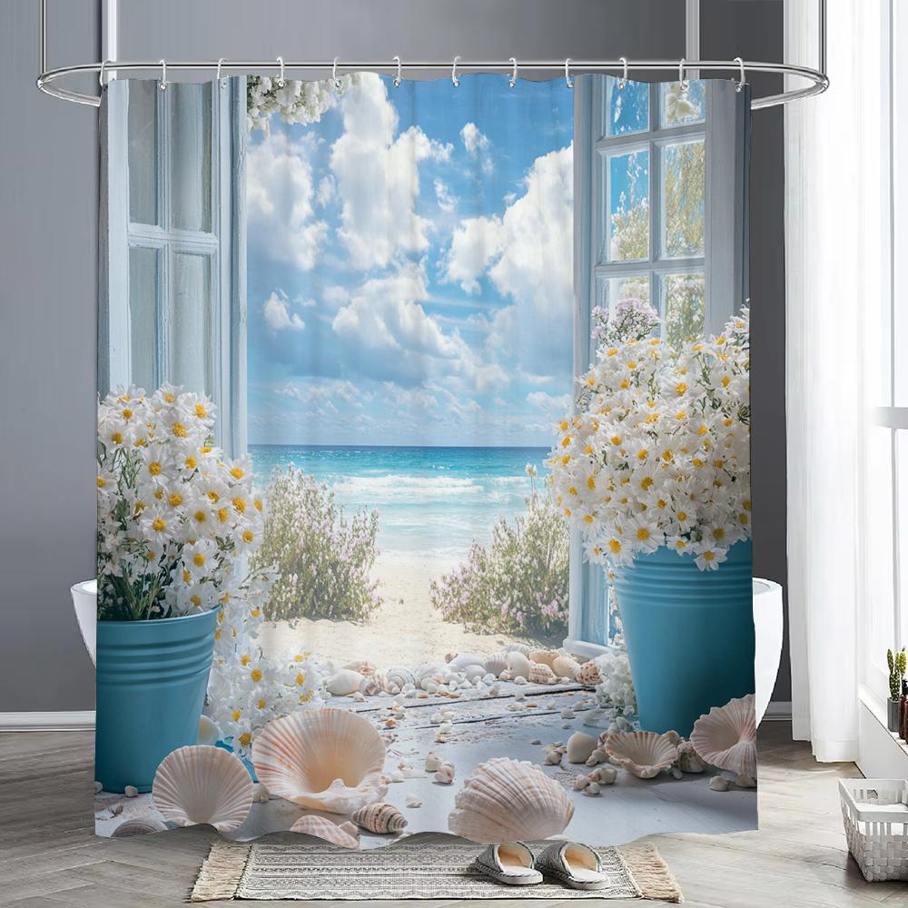 Tenda da Doccia Floreale Stella Marina Conchiglia Ocean Beach, Tenda da Doccia Decorativa per Bagno, Tenda da Doccia Impermeabile con Ganci
