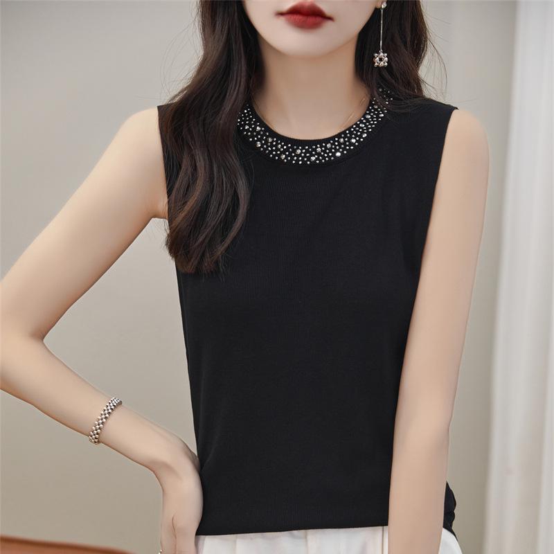 

Модный трикотажный топ без рукавов из ледяного шелка: Женская модная майка с круглым вырезом и горячей отделкой стразами XL