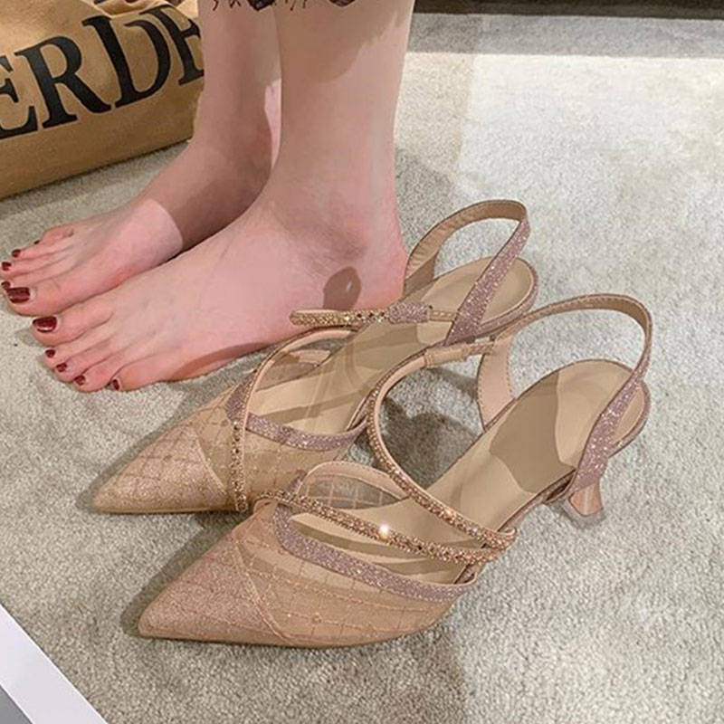 

Half-bag head sandals women s new summer pointed mesh high-end stiletto high heels 35