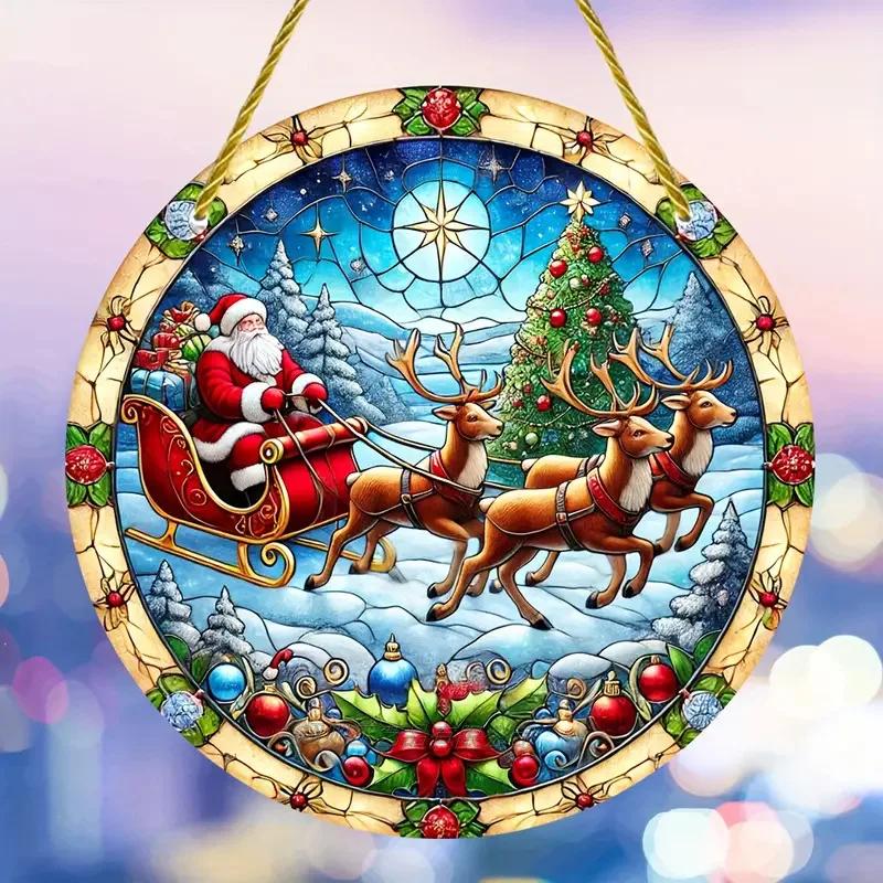 Santa Claus Acrylic Stained Glass Disc – Perfect Window Hanging Decor for Living Rooms, Bedrooms & Outdoor Spaces