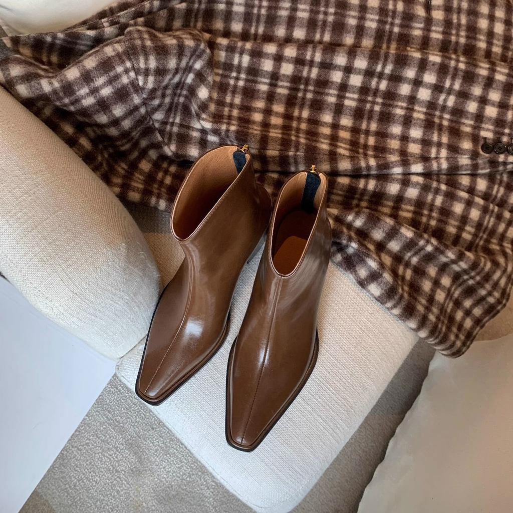 Cowhide version~ French small boots leather pointed head v-mouth short western boots women's thick heel high heel and ankle boots Martin boots