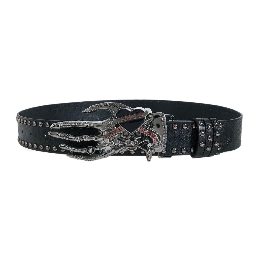 Trendy Men's Leather Belt with Skull Heart Design, Punk Style Snap Buckle, Casual Trouser Accessory