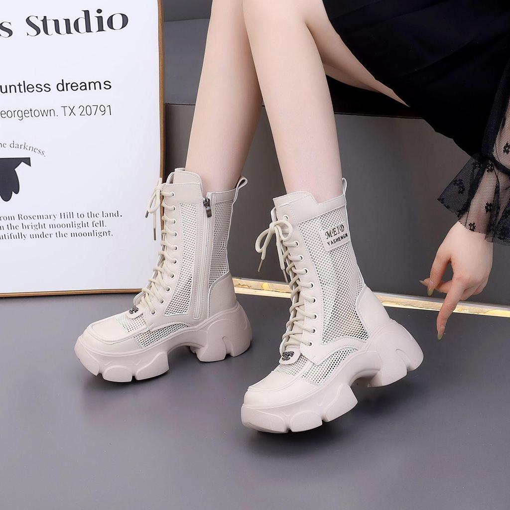 2025 Genuine Leather Women's Mesh Martin Boots, Thick Sole, 7cm Height Boost, Spring/Summer Style, Lightweight and Breathable Design.