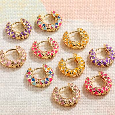 Multicolor Enamel Round Geometric Texture Hoop Earrings for Women Gold Plated Fashion Chunky Ear Buckle Trendy Vintage Jewelry