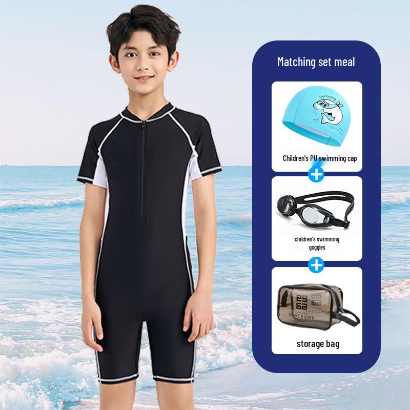 2025 New Boys' One-Piece Swimsuit: Sun Protection & Professional Training Wear for Medium & Large Kids