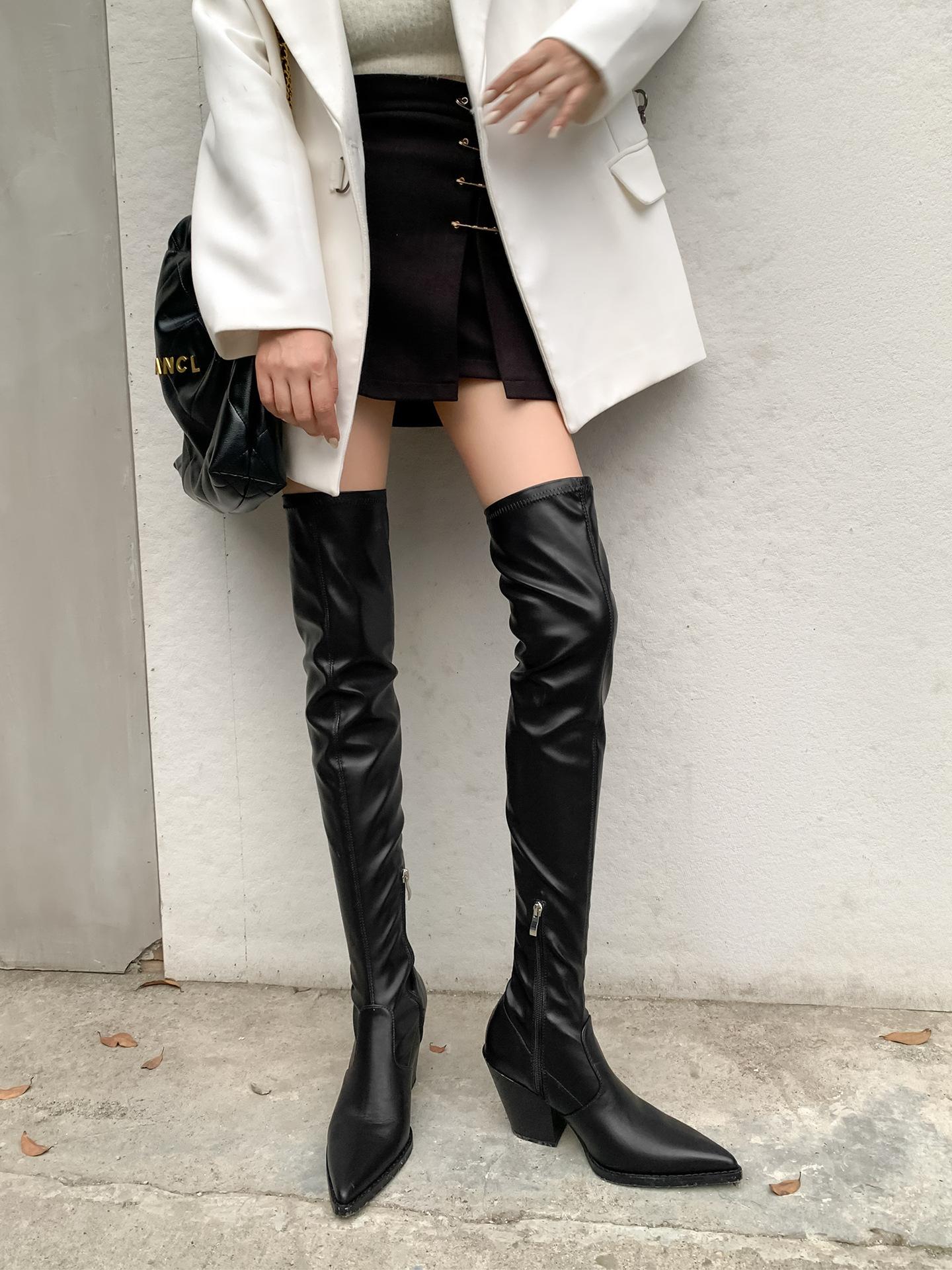 

2025 осень и зима новый дизайн на высоком каблуке ощущение колена заостренный тонкие сапоги сапоги на толстом каблуке 39 чёрный