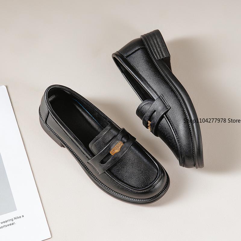 Fashion Super Soft Gold Coin Loafers Pu Leather Women's 2025 New British Style Thick Heel Flats One Pedal Pumps Female Plus Size 42