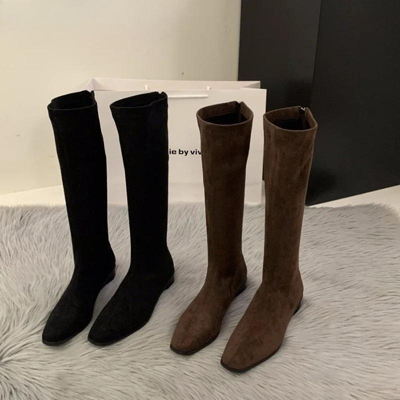 Designer Vintage Women Knee High Boots Fashion Square Low Heel Shoes Concise Slim Long Botas De Mujer