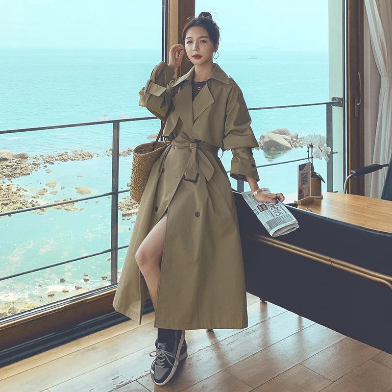 Women's Spring and Autumn New Khaki Hepburn Style Long Windbreaker Loose Large Size Temperament Double-breasted Jacket for Women