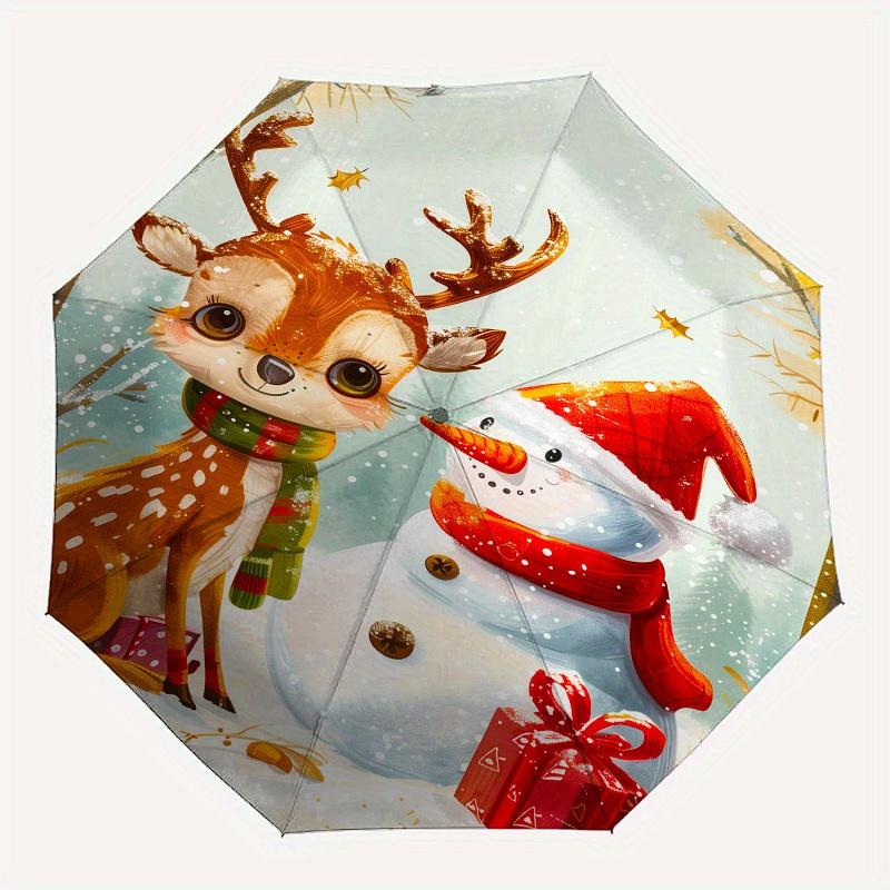 Deer,Snowman Automatic Folding Umbrella 8 rib Lightweight Design, Durable Iron Frame, Compact and Portable, Perfect Gift for Birthday, Chr