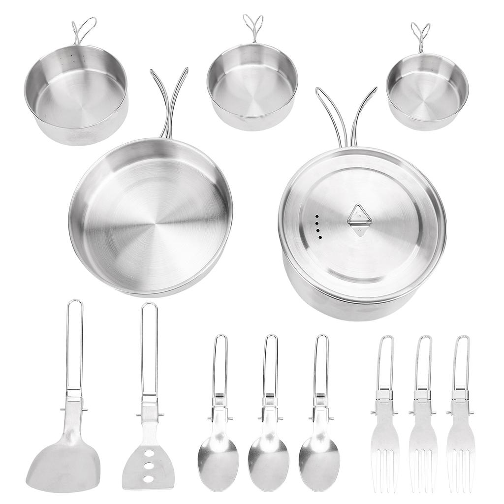 Stainless Steel Camping Cookware Set Foldable Handle Portable Cookware Lightweight Cookware Set For 3 People