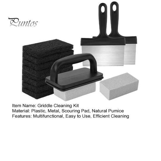 1 Set BBQ Griddle Cleaning Tool Kit with Handle Scraper Scouring Pad Pumice Stone Brush Multifunctional Barbecue Flat Top Grill Cleaner Kit