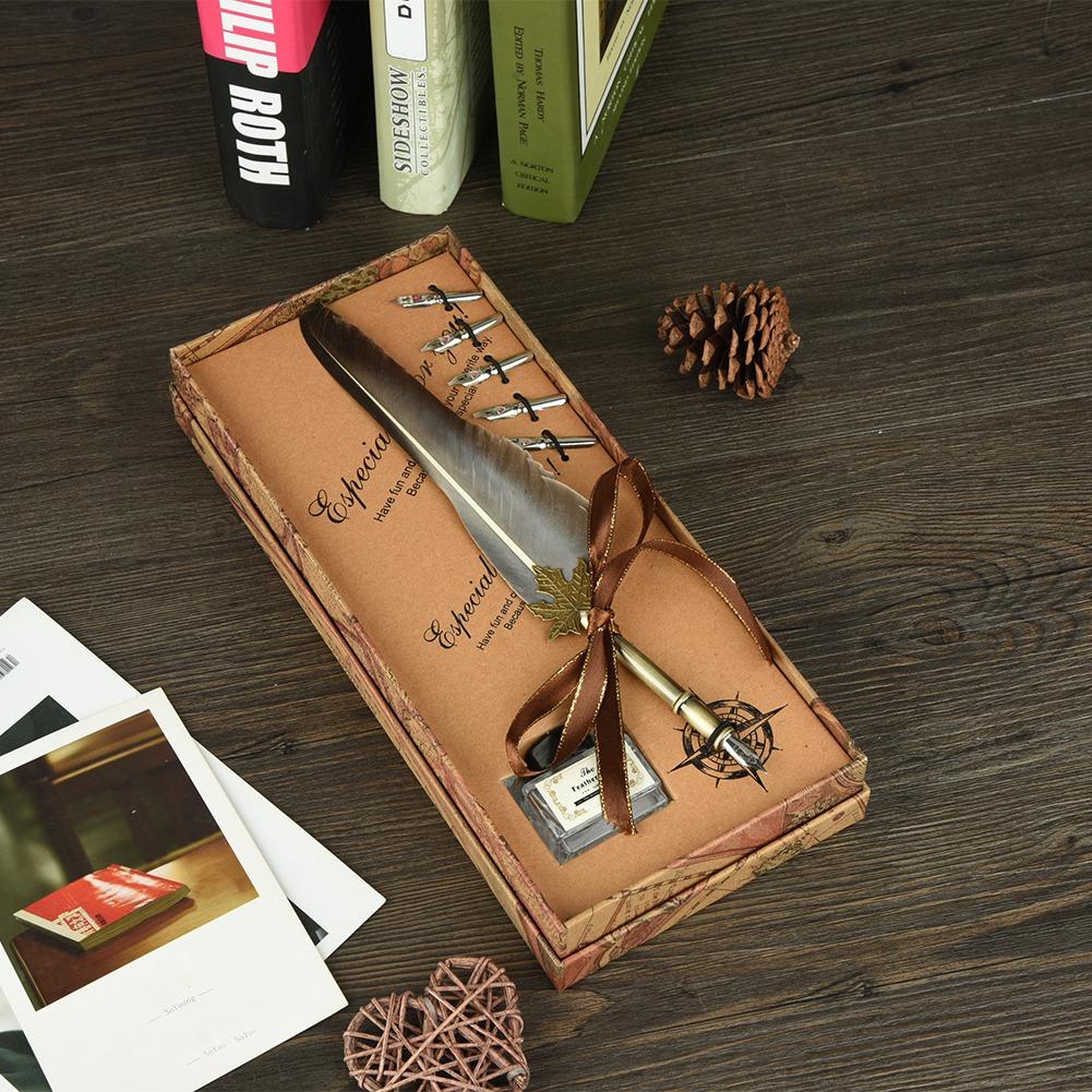 European Retro   Quill Alloy Pen Dip Nib Calligraphy Writing Pen Gift Set With Ink Bottle