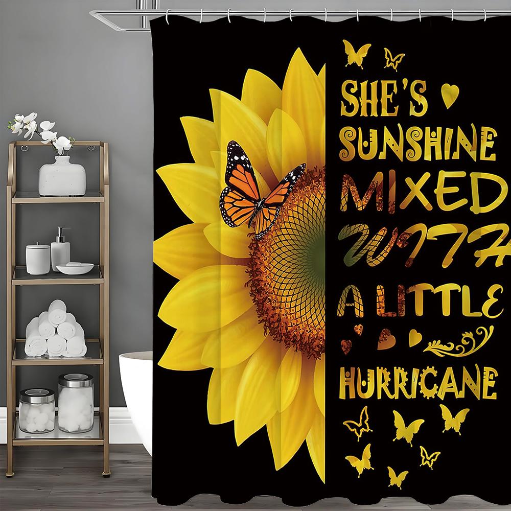 

Sunflower Butterfly Inspirational Text Shower Curtain, Bathroom Decorative Shower Curtain, Waterproof Shower Curtain with Hooks 90*180cm