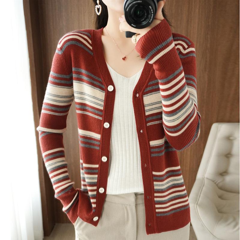 Women S Striped Knit V Neck Cardigan Long Sleeve Casual Outerwear