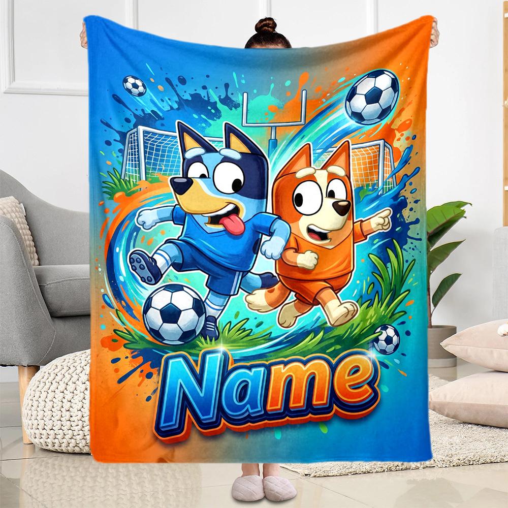 Bluey's Soccer Fun Personalized Name Blanket Cozy Customizable Blanket Ultra-Soft Versatile for Home Decor Chair Office Livingroom for All Occasions