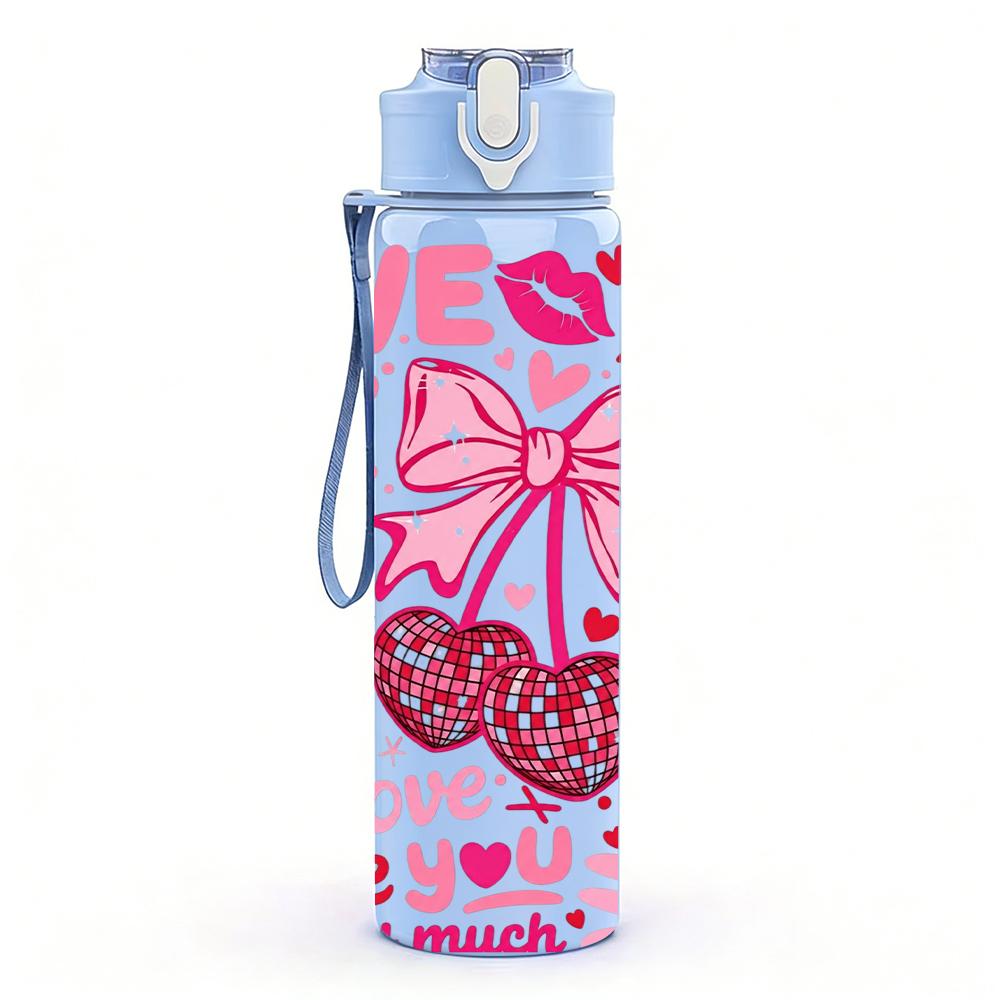 1PC Lip Kiss Bow Love Heart 750ml Color Plastic Sports Water Bottle Leakproof Flip Straw Lid Suitable for Sports Office Home Use