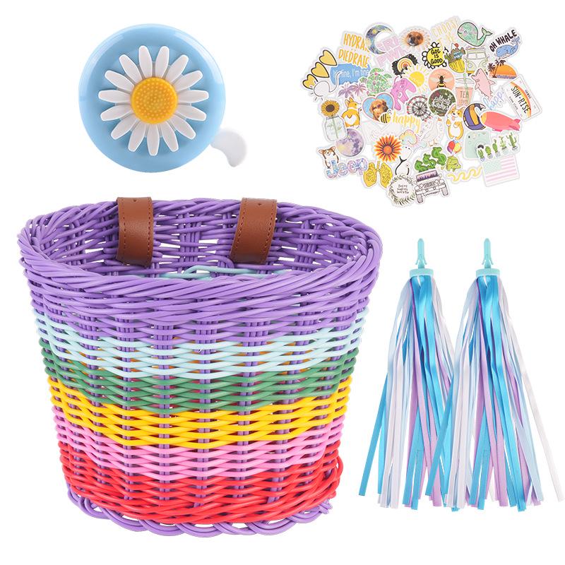 Children's Retro Rattan Bike Basket with Bell, Stickers, and Handlebar Tassels - Bicycle Accessories