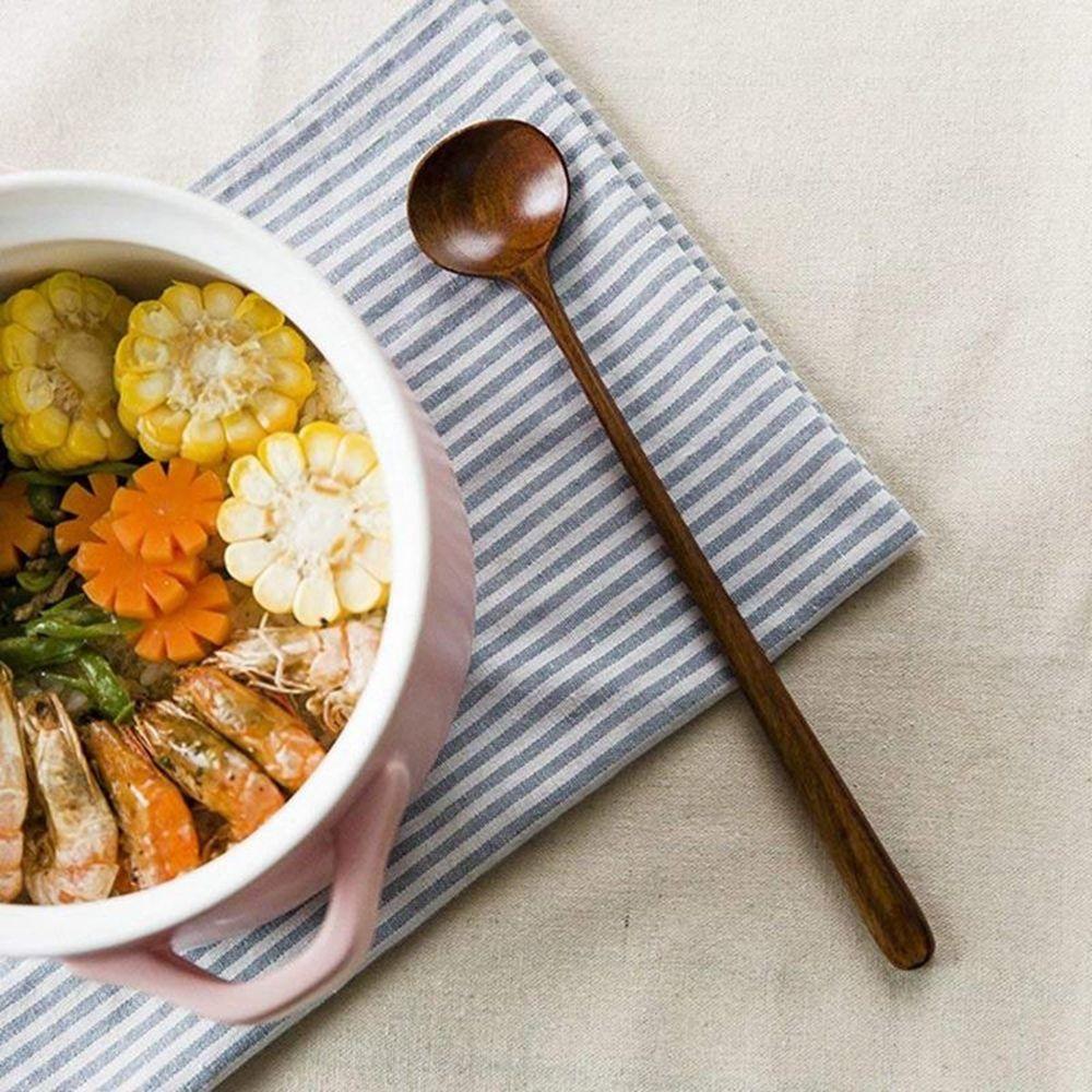 Mixing Wooden Long Handle Natural Wood Round Soup Spoon Kitchen Utensil Spoons Cooking Supplies