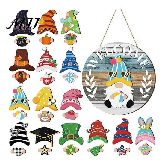 Festive Wooden Door Decoration 1 Set Interchangeable Welcome Sign with Seasonal Hat Accessories Gnome Hats Highland Cow Hanging Front Home