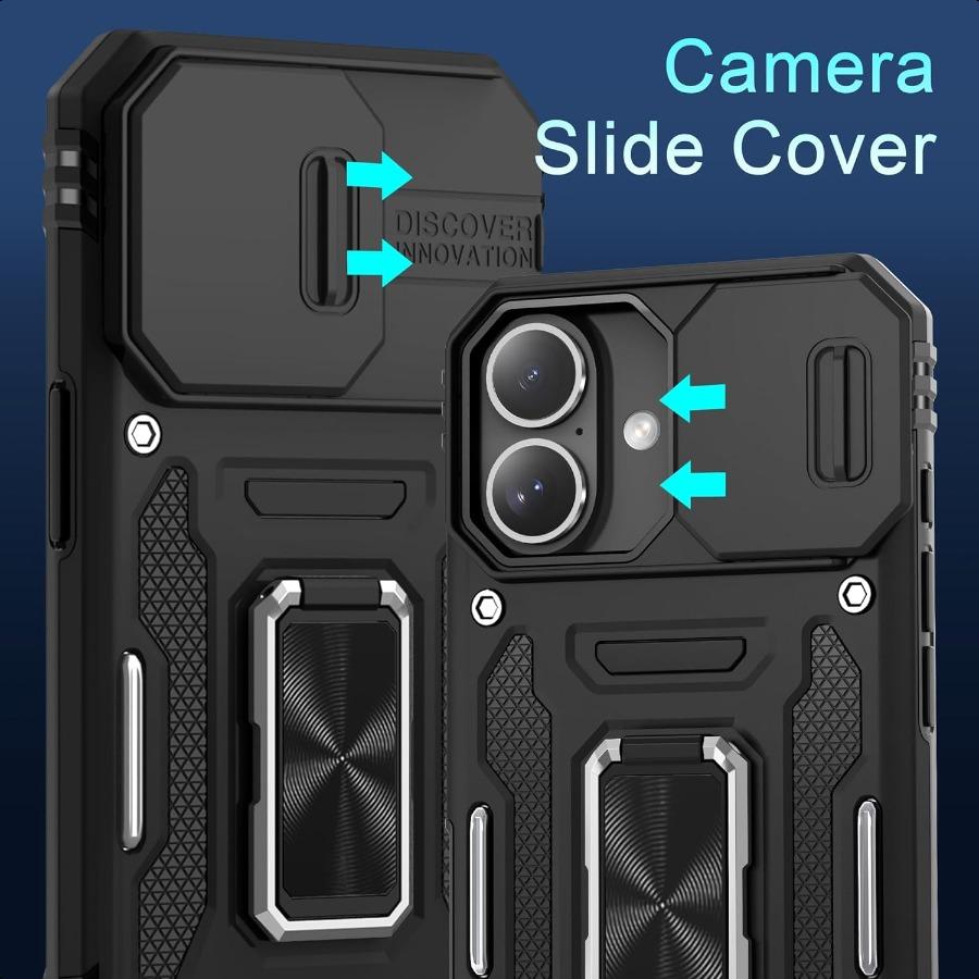 

Чехол DEERLAMN для iPhone 16 с выдвижной крышкой для камеры + 2 защитные пленки для экрана, вращающаяся кольцевая подставка, противоударный военного класса П United States