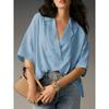 Loose Fit Short Sleeve Turn Down Collar Solid Color Casual Shirt With Pleats