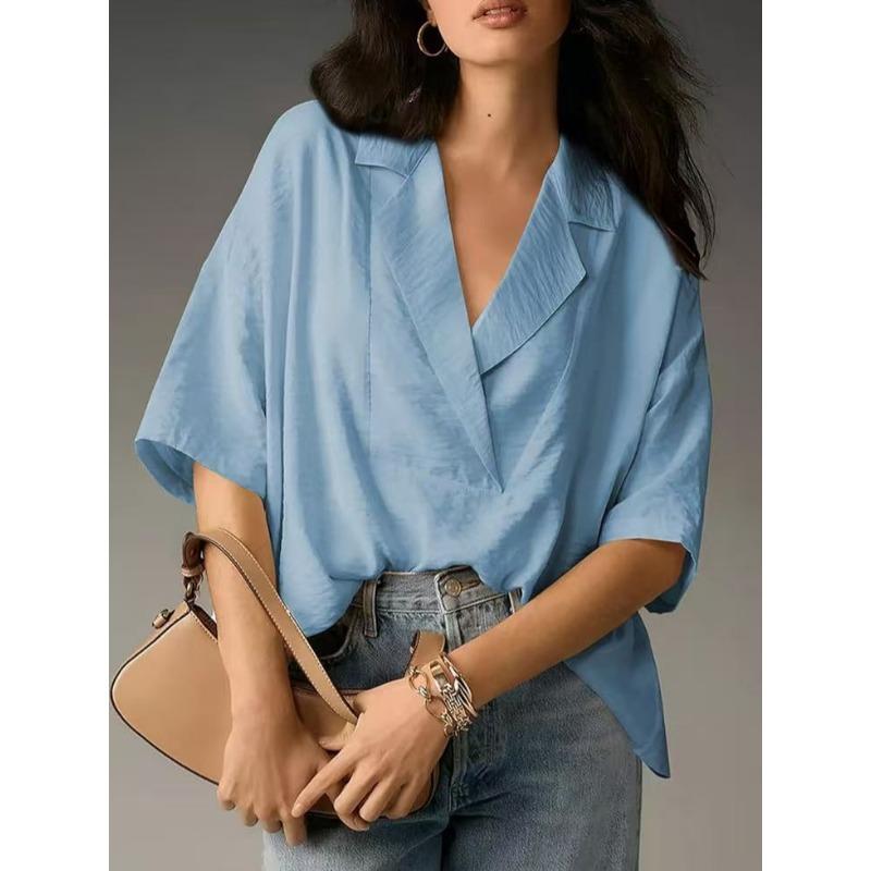 Loose Fit Short Sleeve Turn Down Collar Solid Color Casual Shirt With Pleats