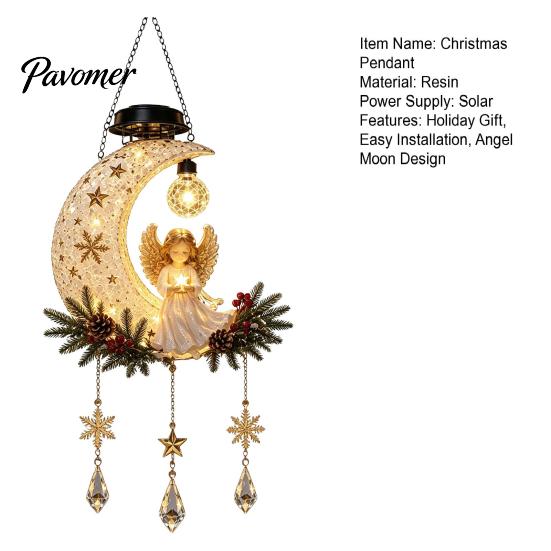 Weather Resistant Resin Ornament Solar Angel Moon Light, Christmas Hanging Lantern with Warm Glow, Garden Patio Yard Decoration Outdoor for