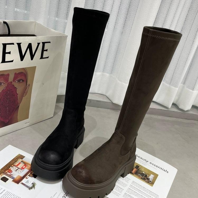 Retro tykksålede høydeøkende slanke støvletter dame små høye støvletter men knehøye støvletter britisk stil støvletter med glidelås bak