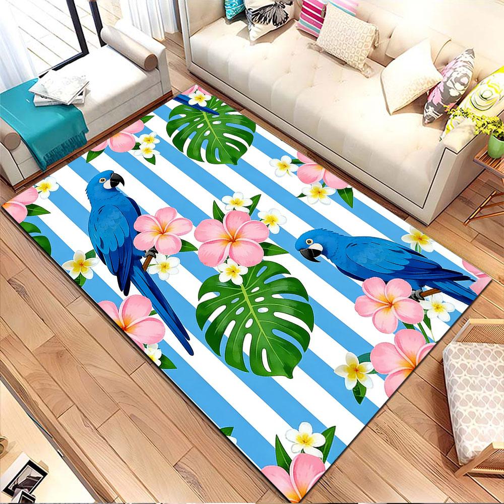 Blue Parrots and Tropical Blooms Patterned Carpet, Non Slip Mat Suitable for Living Room and Bedroom Sofas