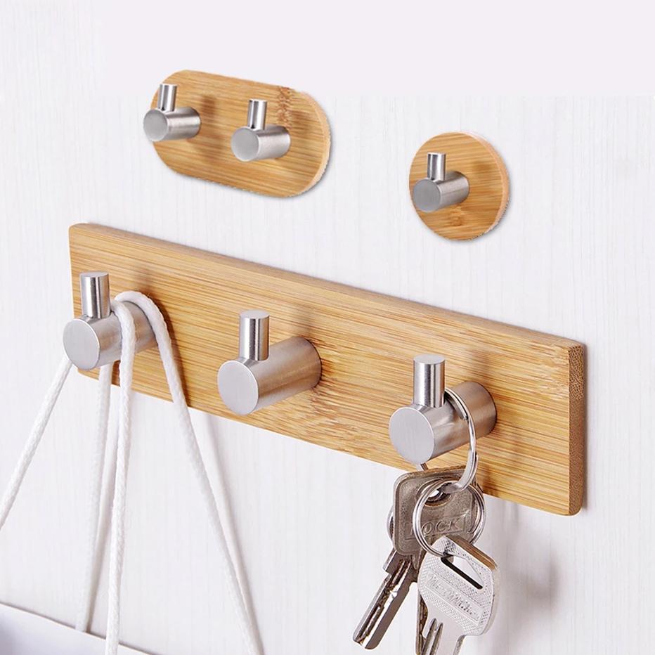 Bamboo Clothes Hook Towel Keys Adhesive Hook Stainless Steel Rustproof Coat Towel Holder Kitchen Bathroom Decorative Hanger