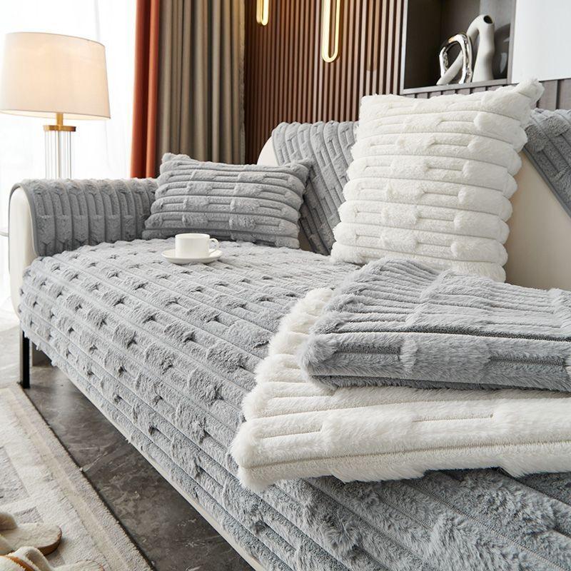 Black Plush Sofa Cushion Thick  Warm Sofa Cover Throw Pillowcase Living Room Winter Universal Seat Cushion Anti Slip Cover Cloth Slipcover Cushion