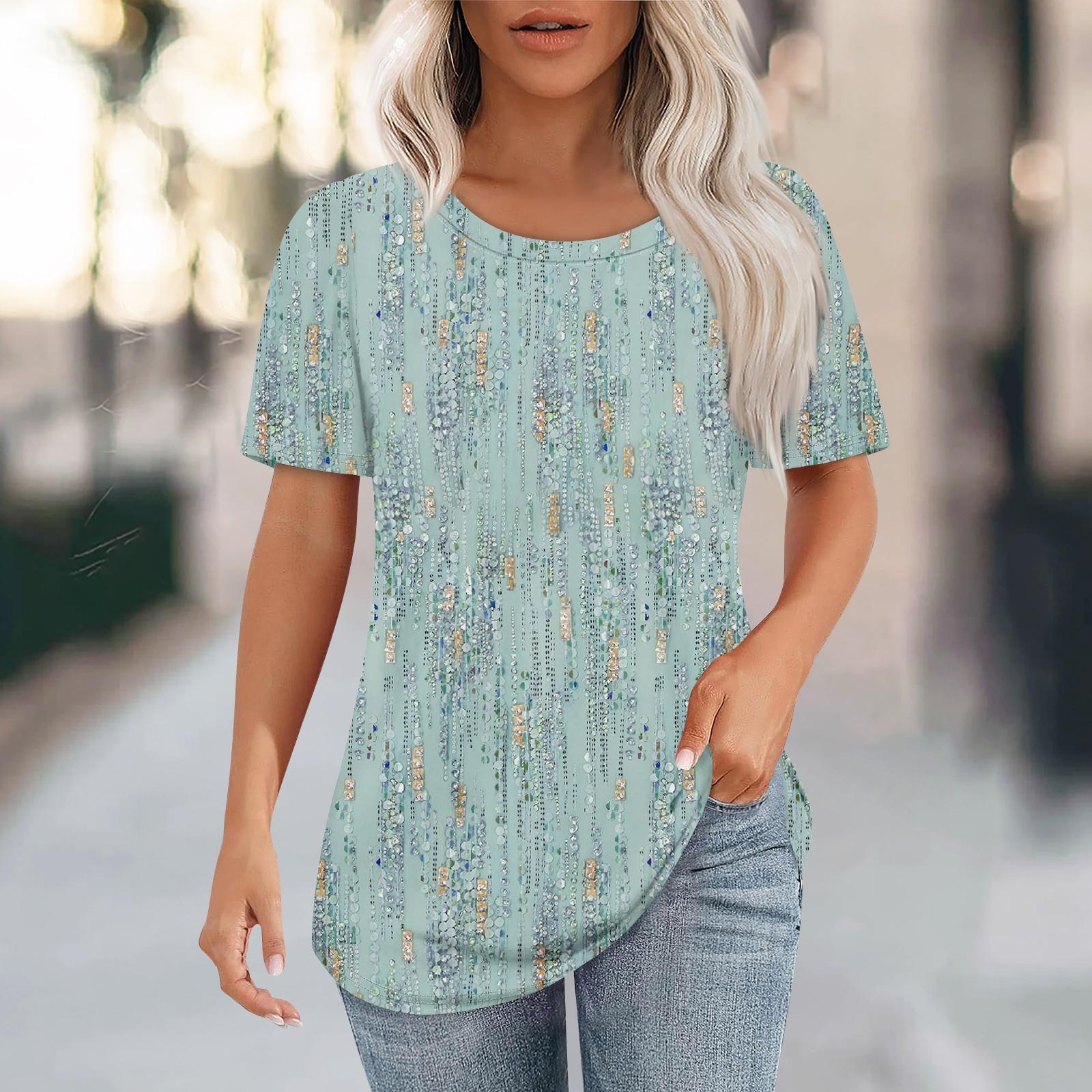 

Футболки для женщин, плиссированные, с круглым вырезом, нарядные, повседневные, блузки с принтом, с коротким рукавом, летние топы, свободный крой M