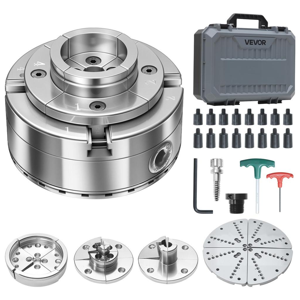 4 Inch Wood Lathe Chuck, 4-Jaw, Self-Centering Wood Turning Chuck Set with 1" x 8TPI Thread & Adapter, 5 PCS Jaws Round/Flat/Step/Pin, Carry Case,